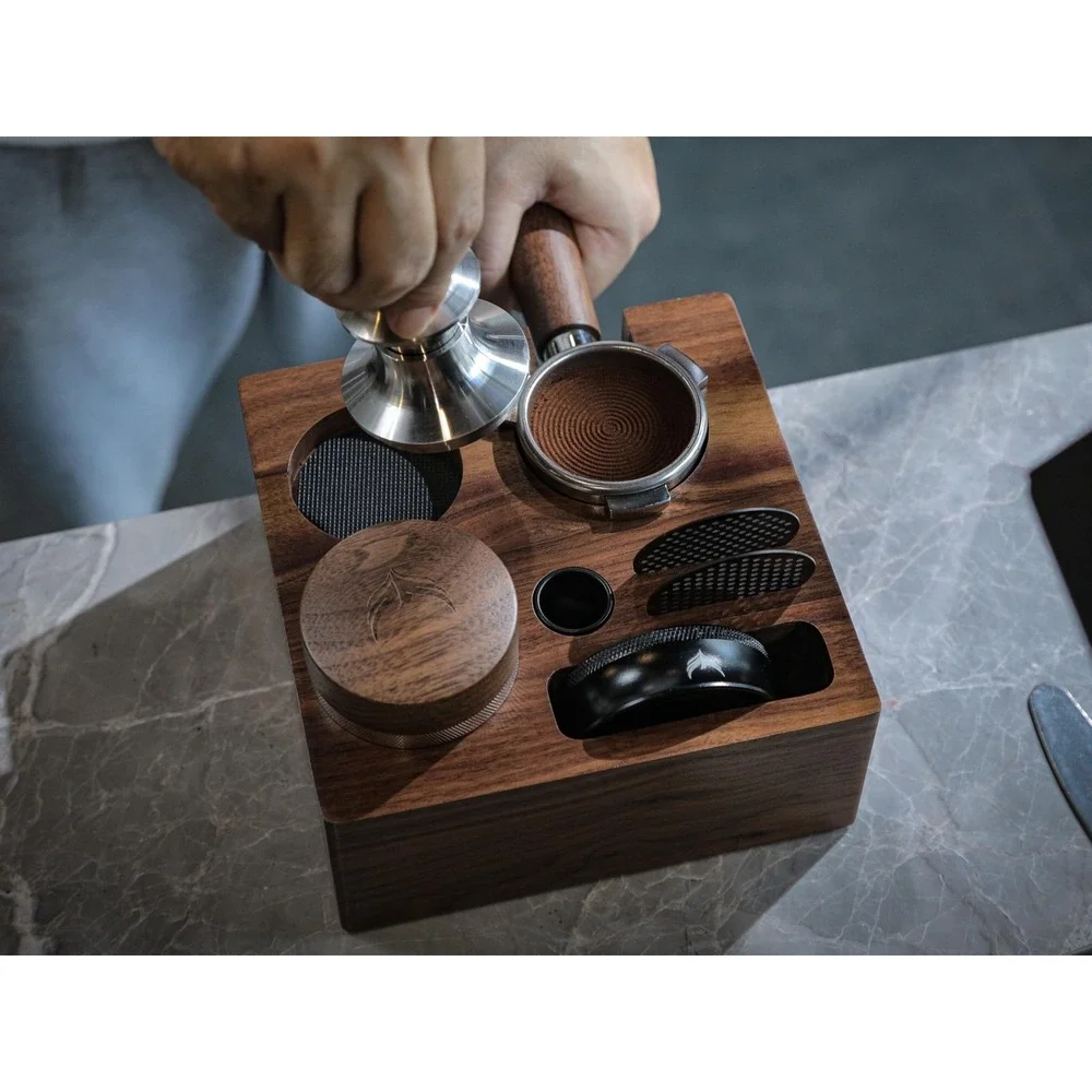 KNODOS Walnut 58mm Espresso Tamper Station Portafilter Holder Organizer Stand